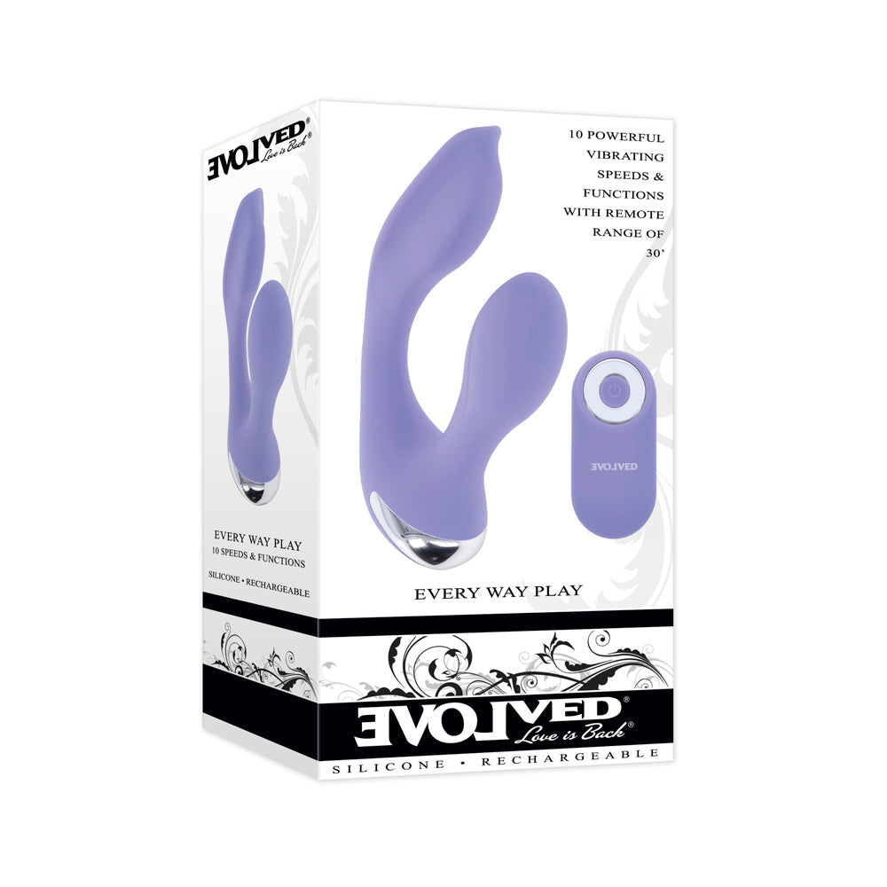 A purple dual vibrating remote control wearable with text describing its features.