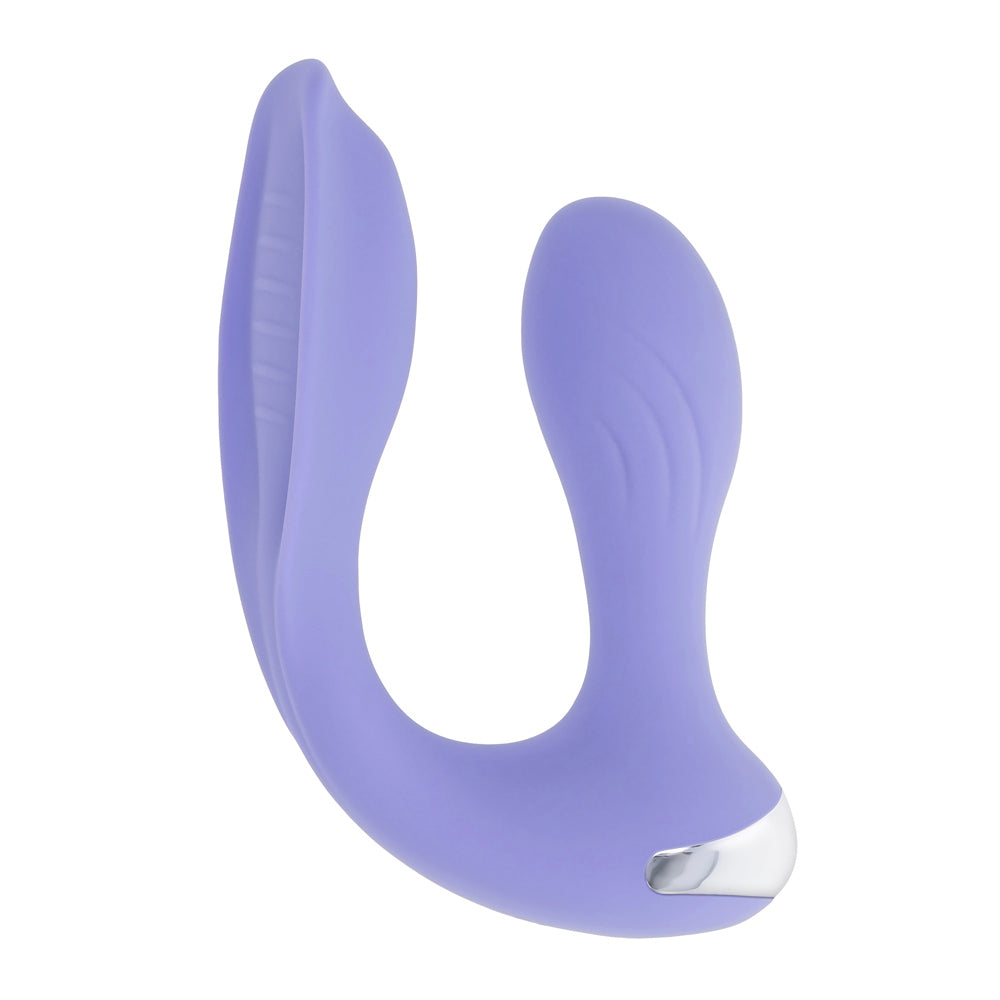 A purple dual vibrating wearable with a textured shaft and winged design.