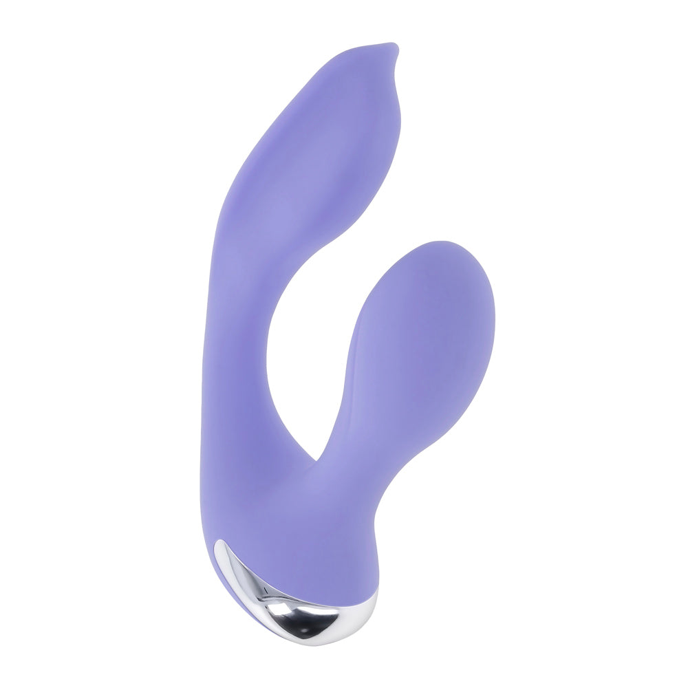 A purple dual vibrating wearable with a silver base.