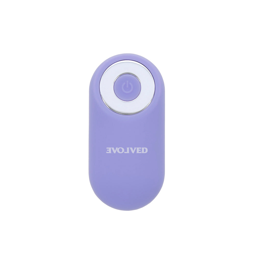 Purple remote control with a power button and brand name.