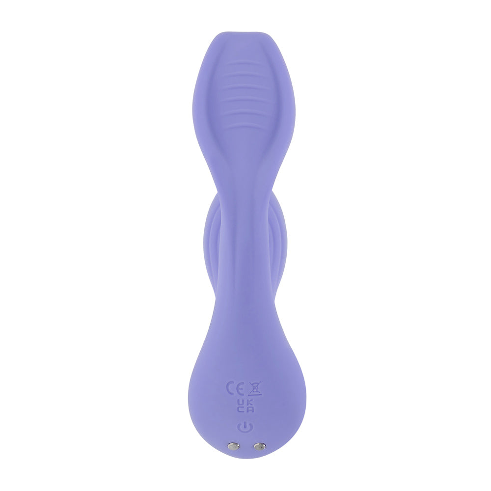 A purple dual vibrating remote control wearable with textured and winged shafts.