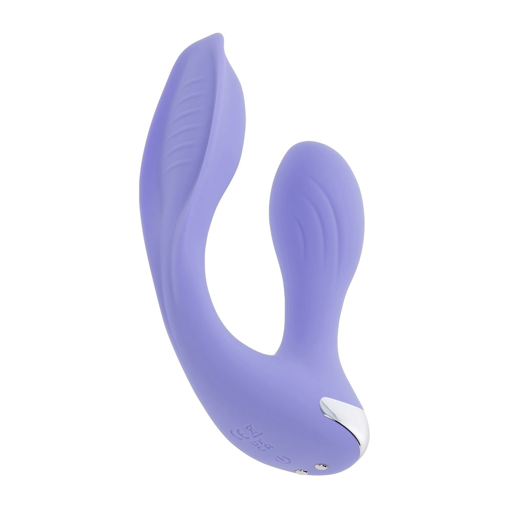A purple dual vibrating wearable with textured and winged shafts.