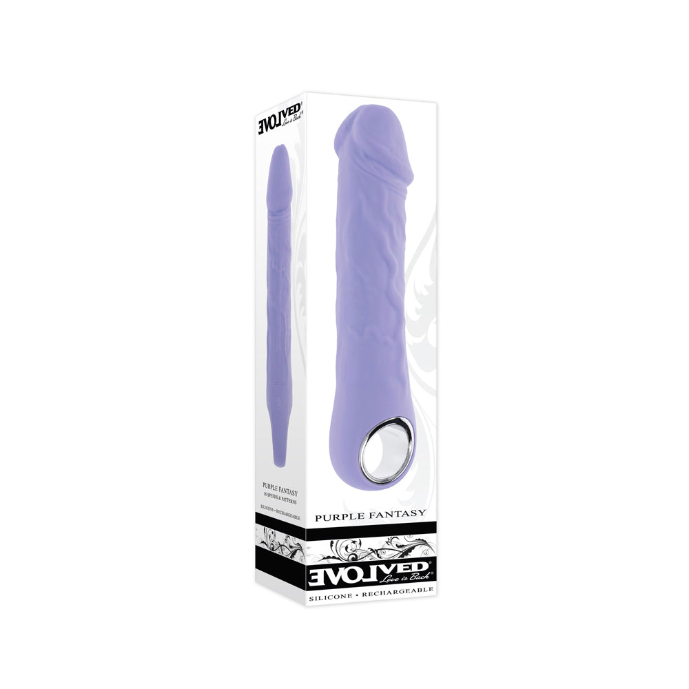 A purple silicone vibrator with a textured shaft and a silver ring handle.