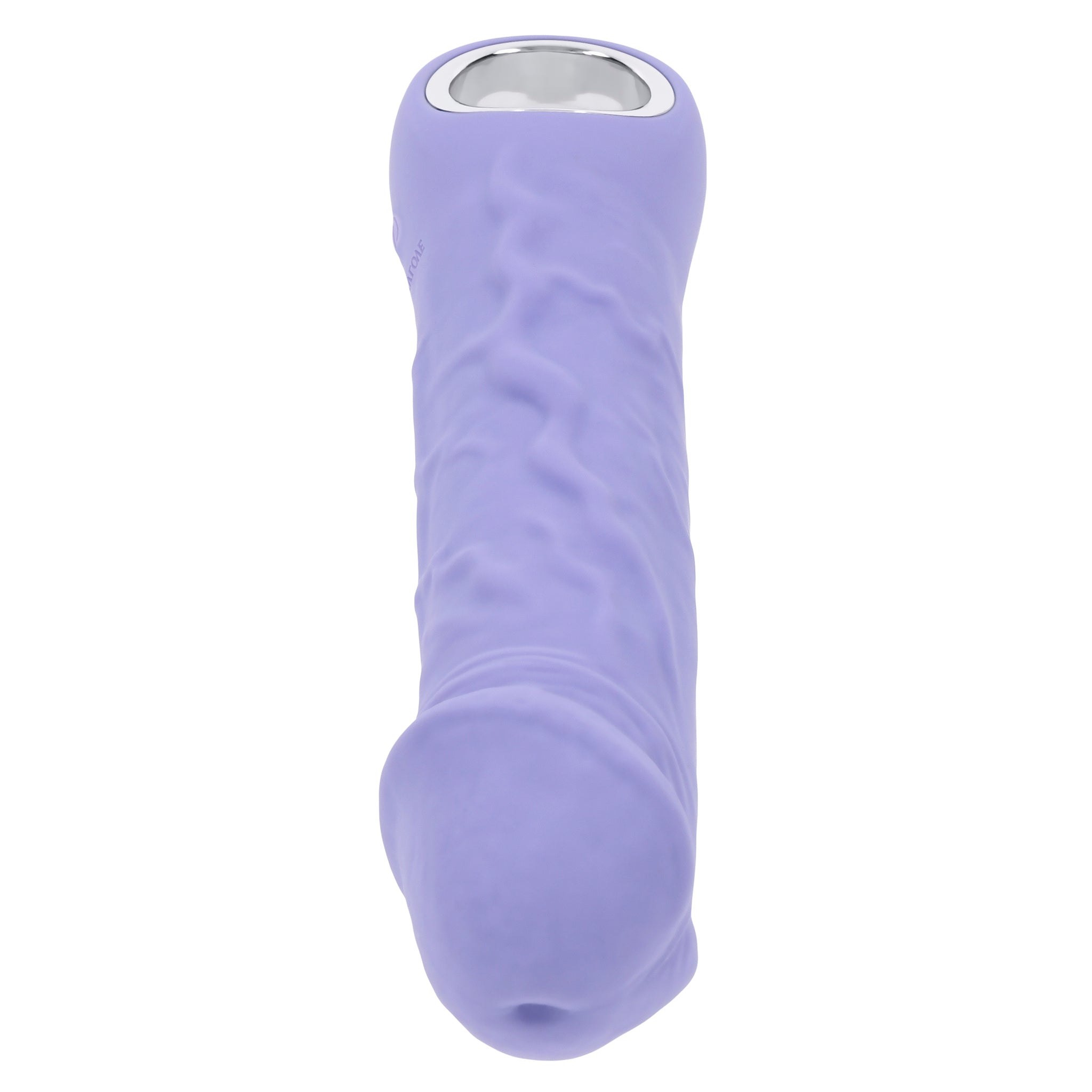 A purple silicone vibrator with a textured shaft and a chrome ring handle.