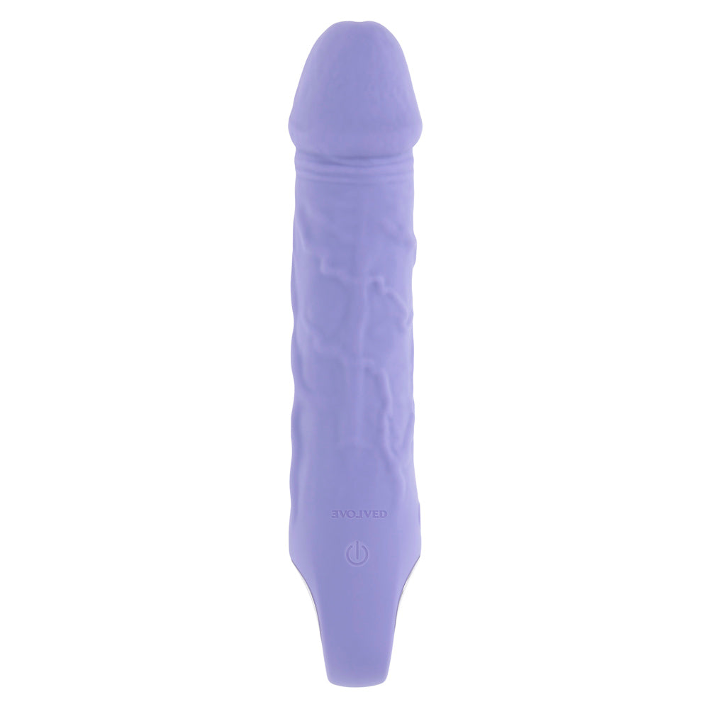 Purple rechargeable silicone vibrator with realistic textured shaft and multi-speed features.