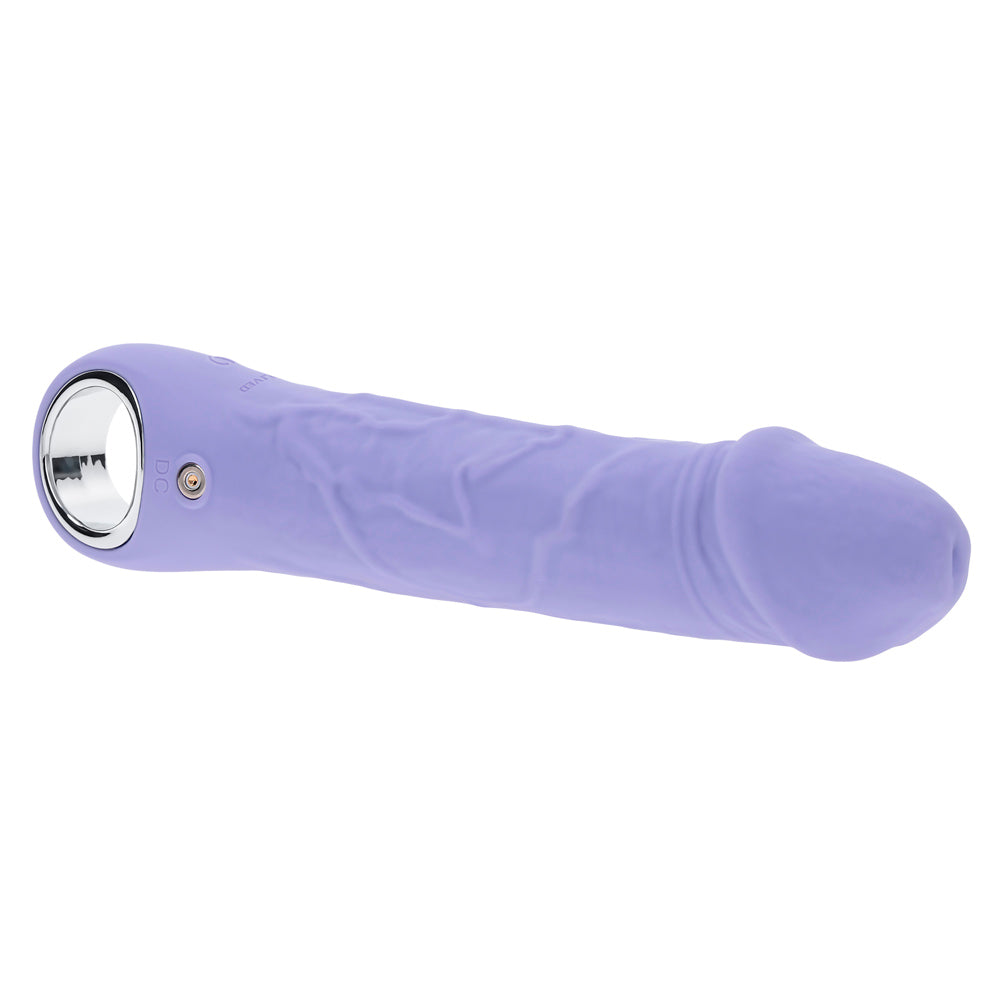 Purple rechargeable silicone vibrator with textured shaft, realistic head, and chrome handle.