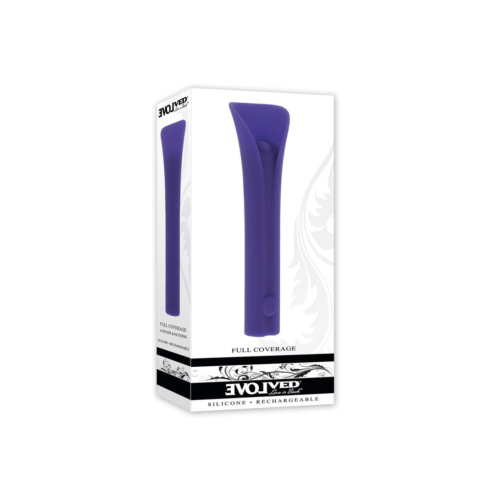 A purple silicone vibrating bullet with full coverage on a white background.