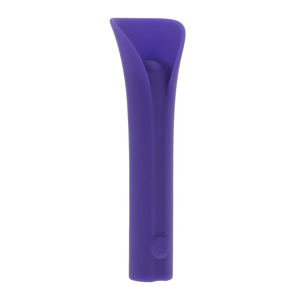 Purple silicone vibrating bullet with a power button.