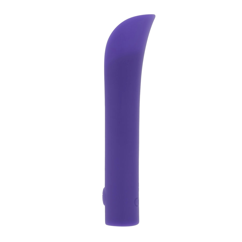 Purple silicone vibrating bullet with a curved tip.