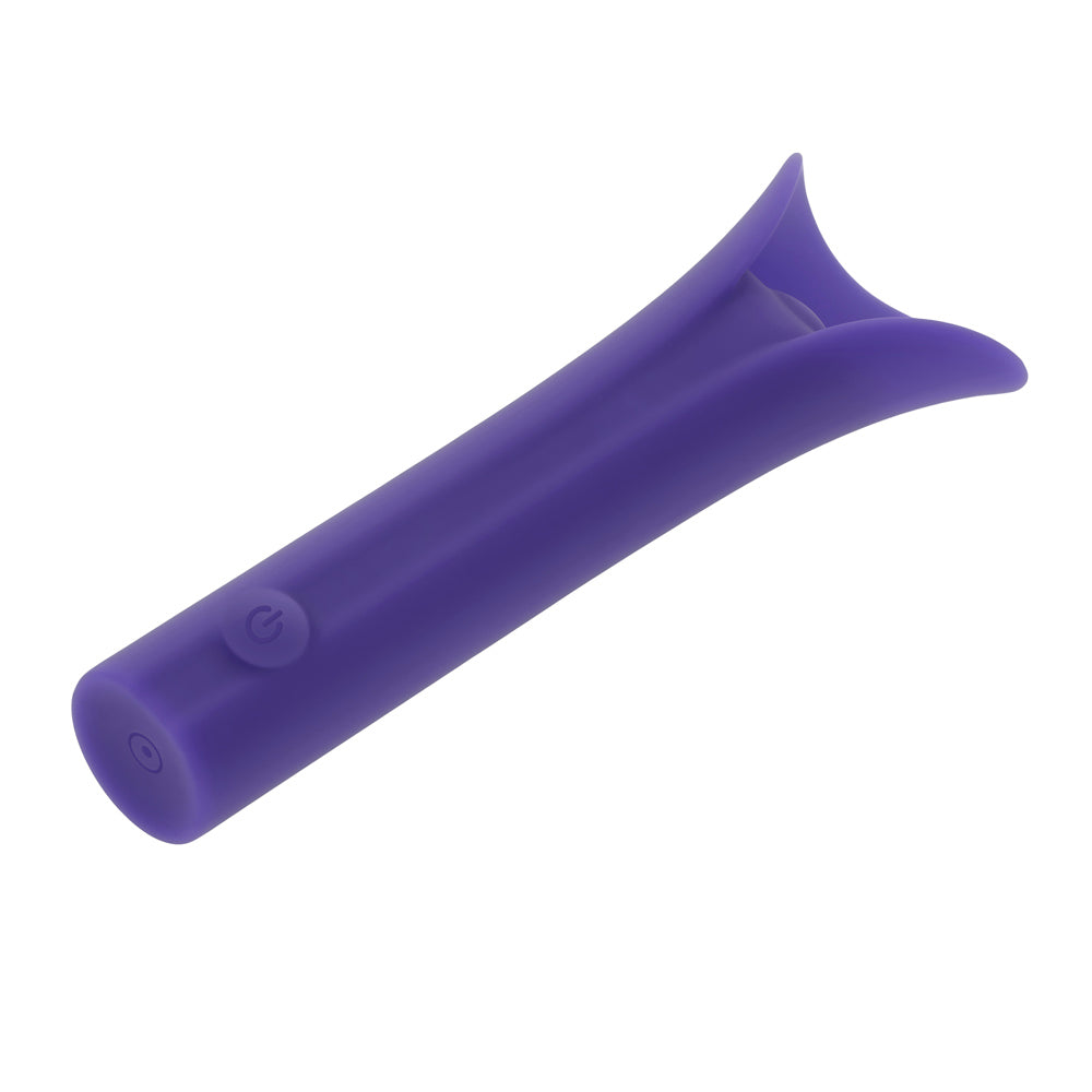 Purple silicone vibrating bullet with a power button.