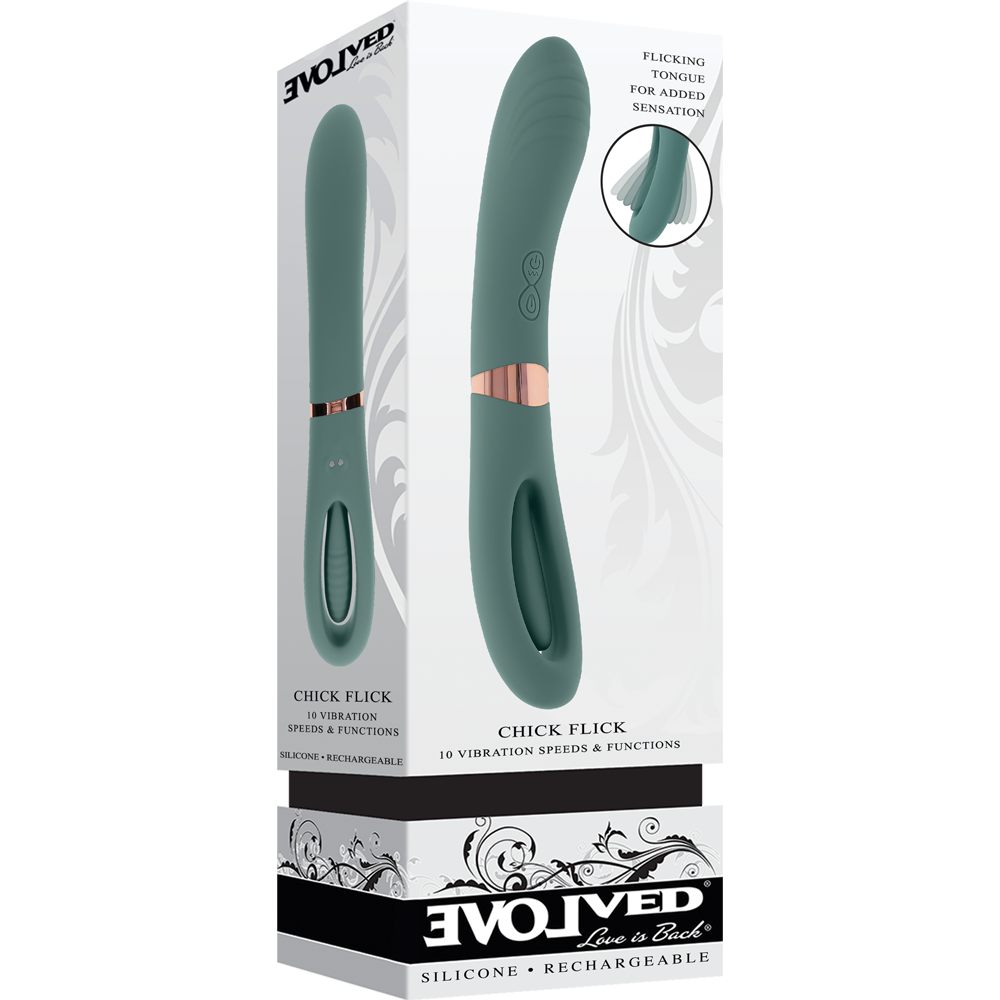 A teal silicone vibrator with a curved shaft and a flicking tip.