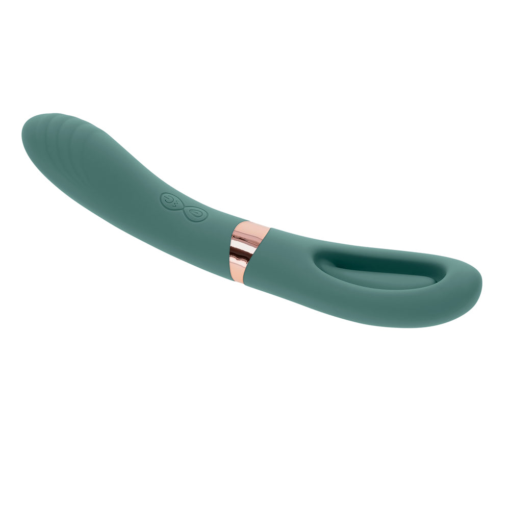 A teal silicone vibrator with a curved shaft and a flicking end, featuring rose gold accents and control buttons.