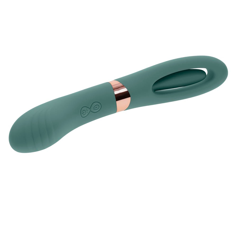 Teal silicone vibrator with rose gold accents and dual motors.