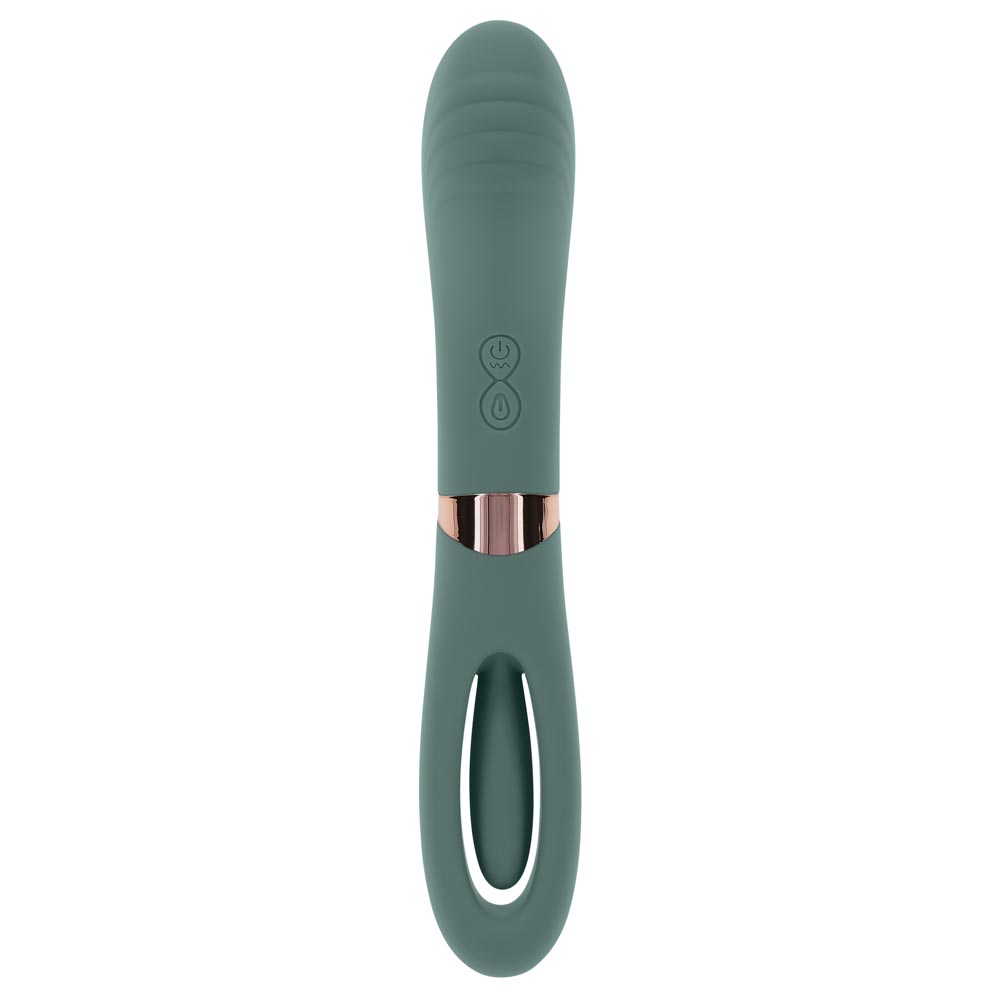 Teal silicone vibrator with rose gold accents and dual motors.