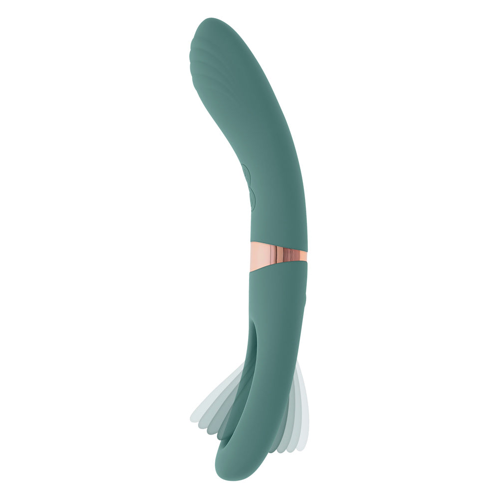 Curved teal silicone vibrator with rose gold accents and flicking end.