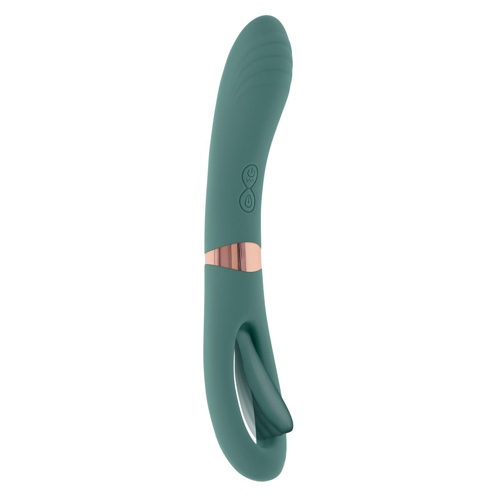Teal silicone vibrator with a curved shaft and a flicking end.
