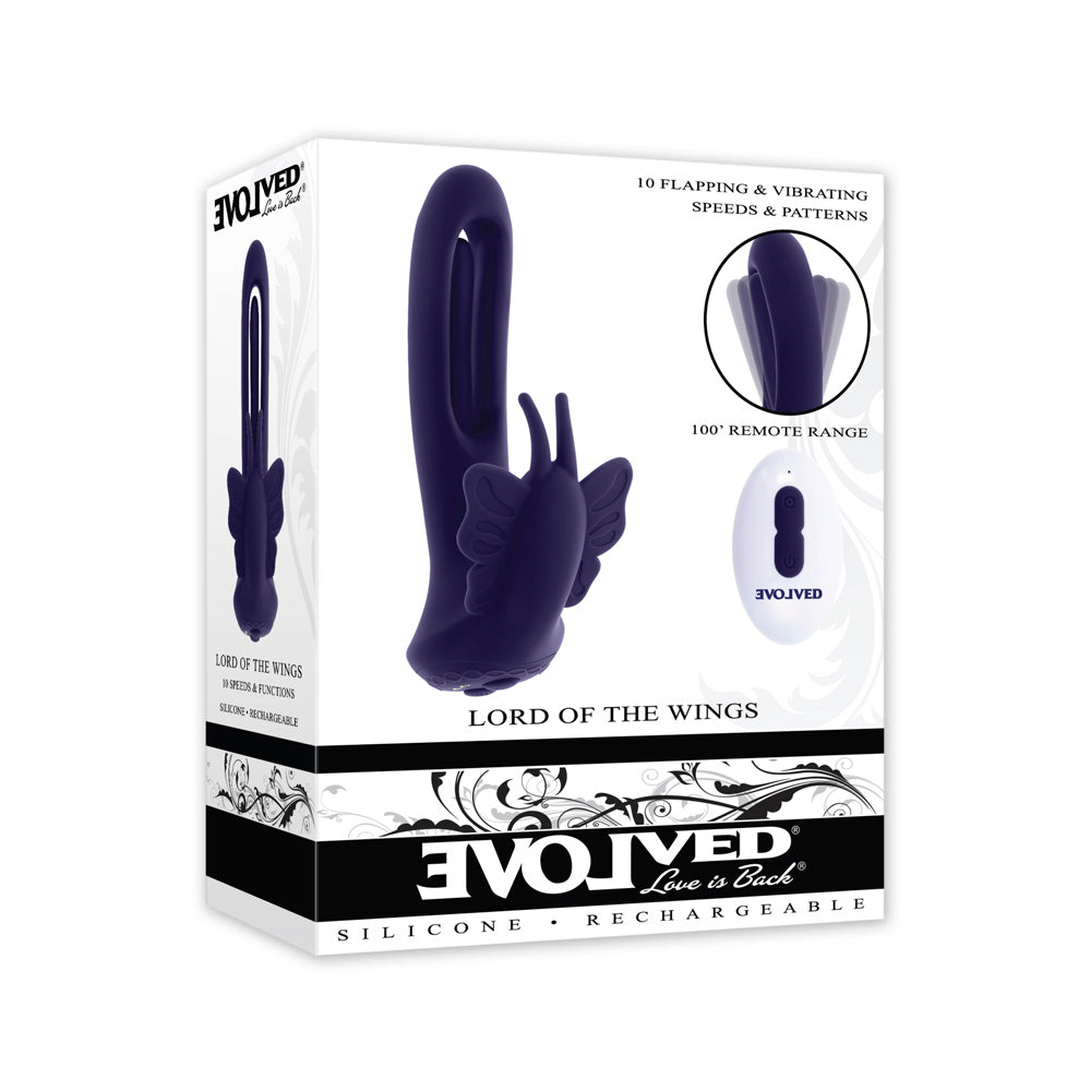 A purple butterfly-shaped stimulator with a remote control.