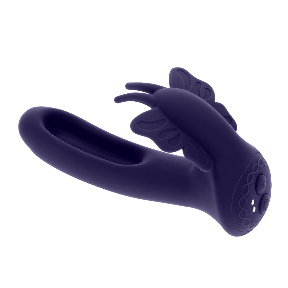 A purple butterfly-shaped stimulator with a curved shaft and remote control.