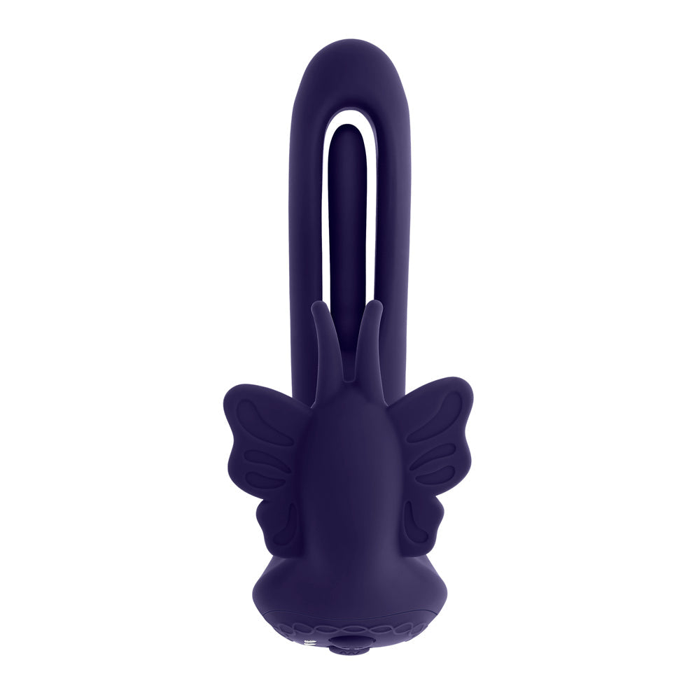 A purple butterfly-shaped stimulator with a U-shaped handle.
