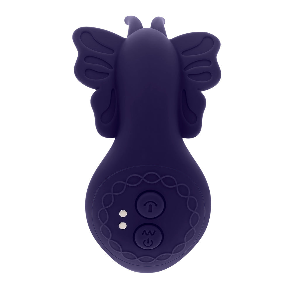 A purple butterfly-shaped stimulator with two buttons on the base.
