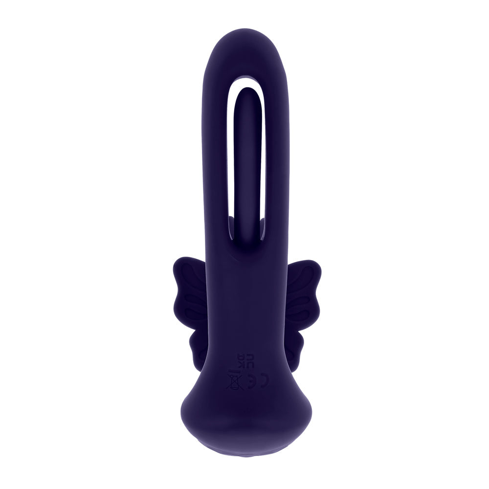A dark purple butterfly-shaped stimulator with a U-shaped opening.