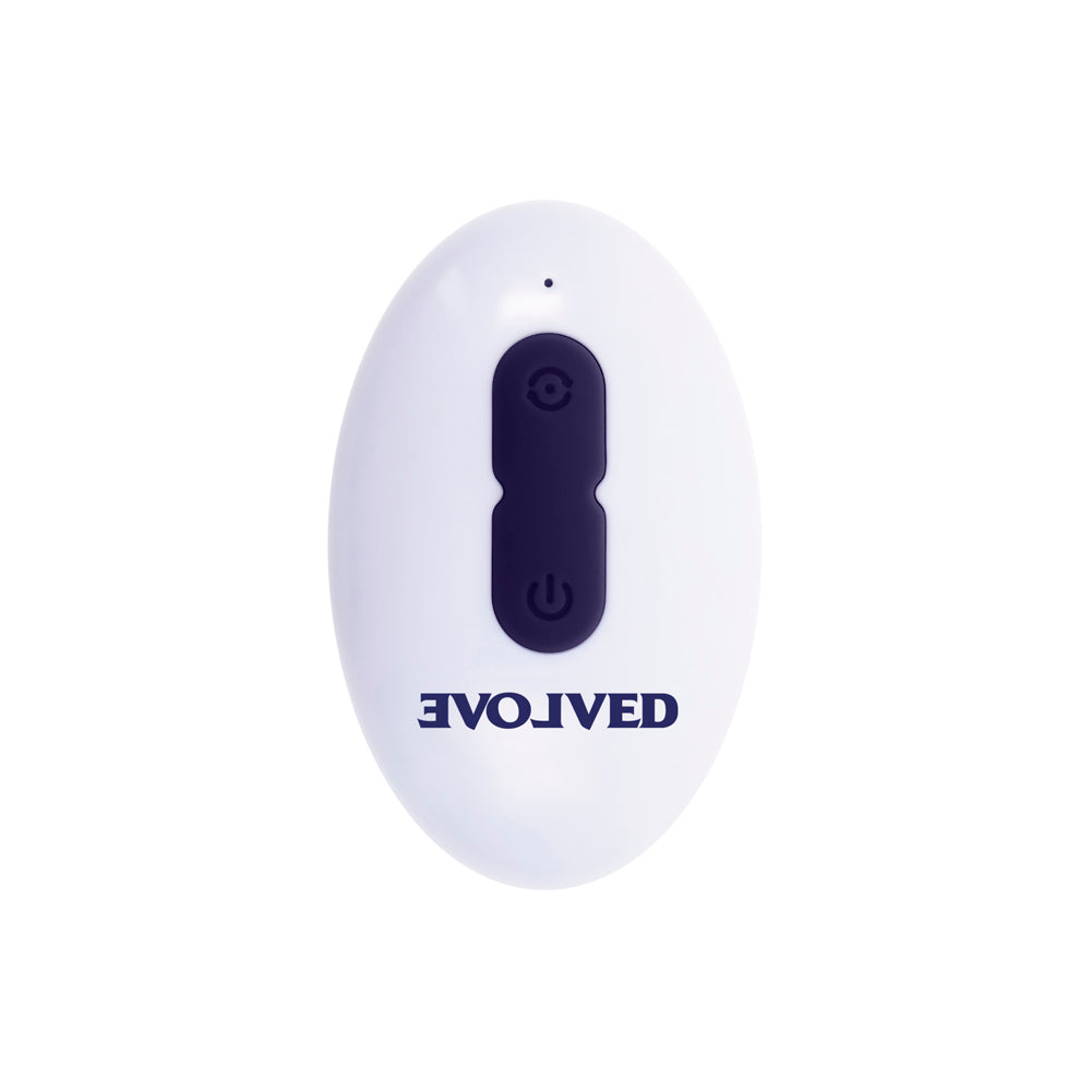 White remote with two dark blue buttons and the word "EVOLVED" in dark blue.