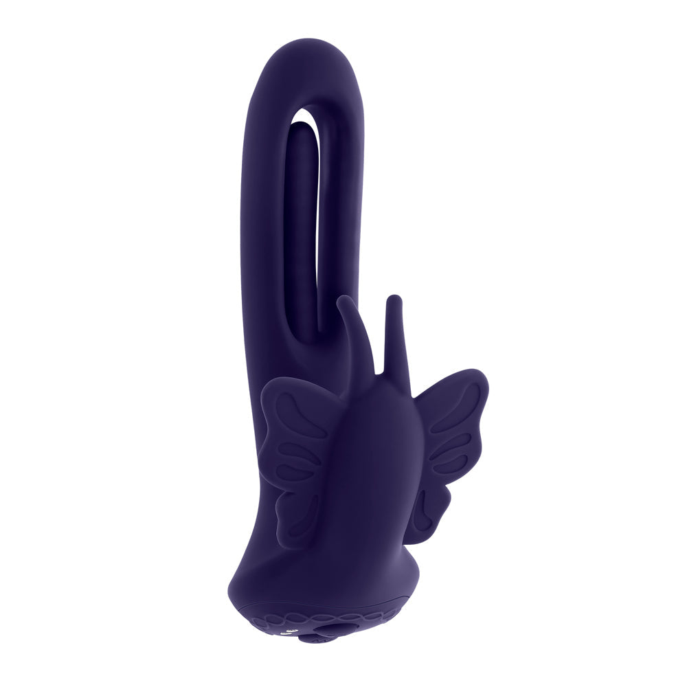 A purple butterfly-shaped stimulator with a curved handle.