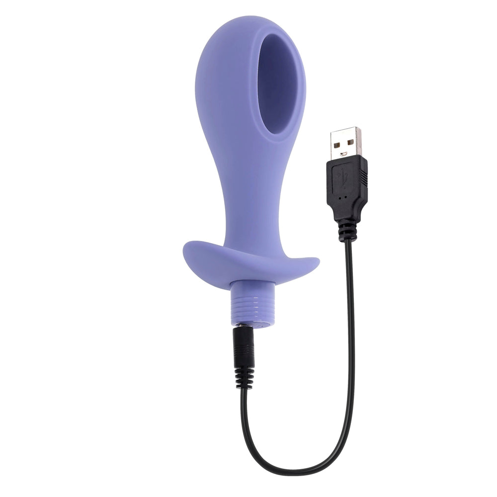 Purple vibrating anal plug with USB charging cable.