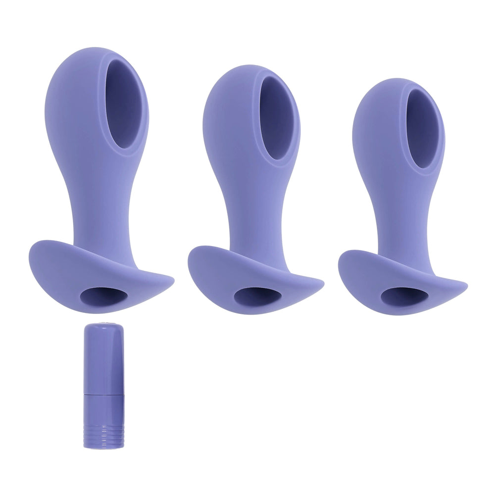 Three purple silicone anal plugs with a removable vibrating bullet.
