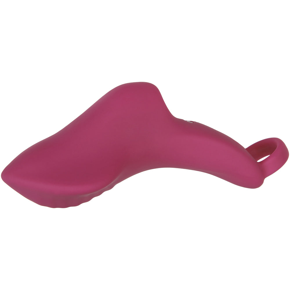 A pink, curved vibrating massager with a loop at one end.