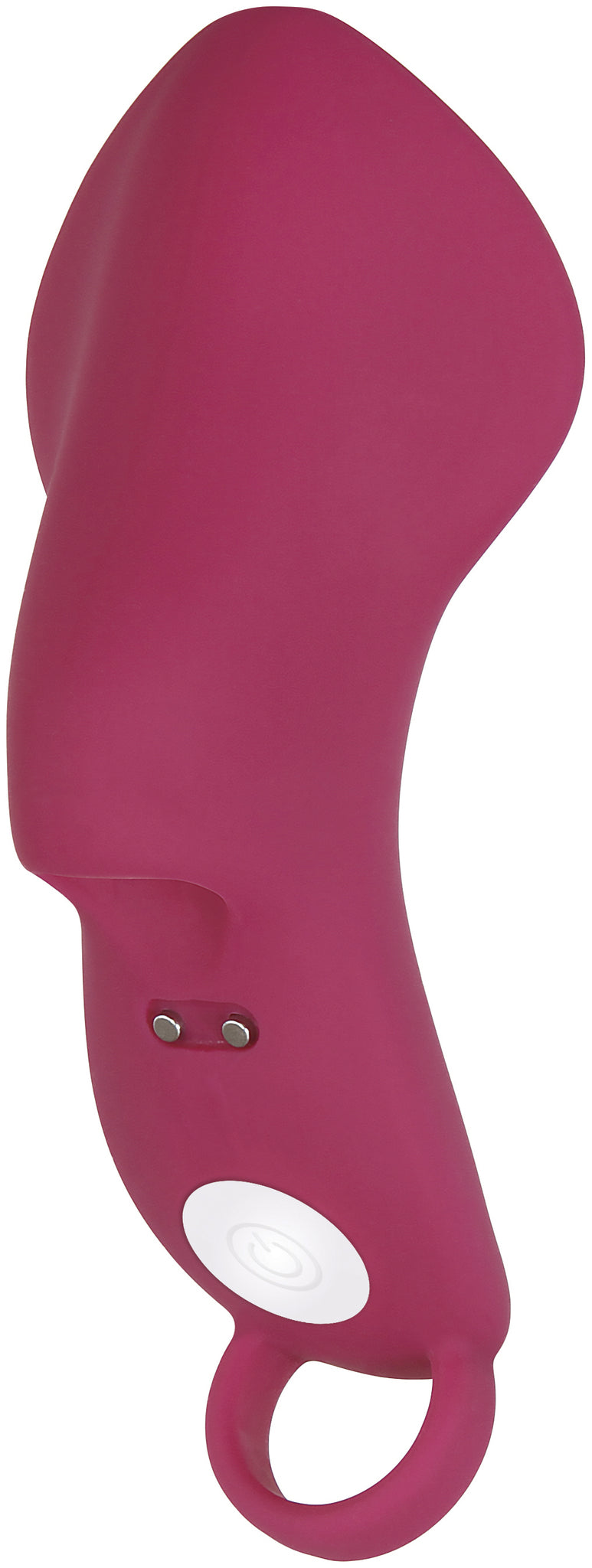 Frisky Finger Vibrating Massager in pink with two silver buttons and a white power button.