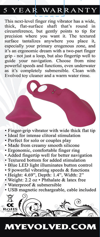 A pink finger vibrator with a textured tip and loop, with product details listed.