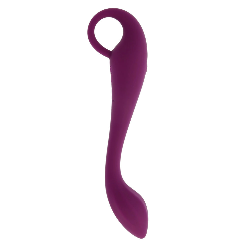 A purple G-spot vibrator with a curved shaft and a finger loop.