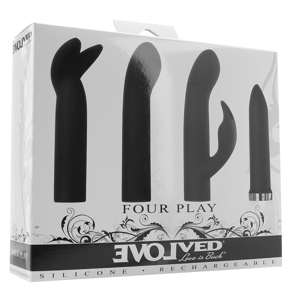 Box packaging for the Four Play Multi-Speed Vibrating Massager from Evolved Novelties.