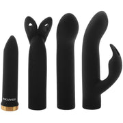 Four black vibrating massagers with different shapes and a gold band.