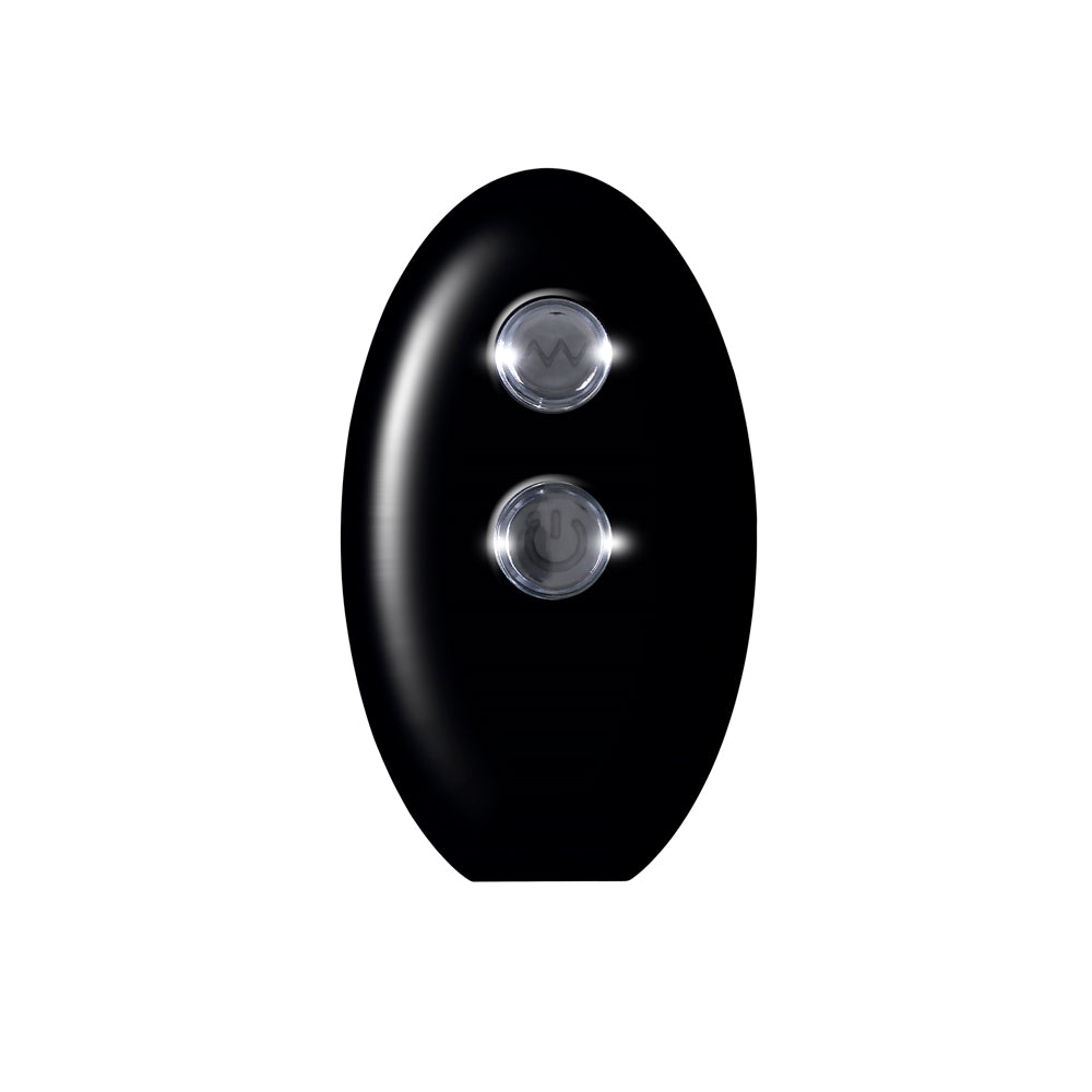 Black oval vibrator with two illuminated buttons.
