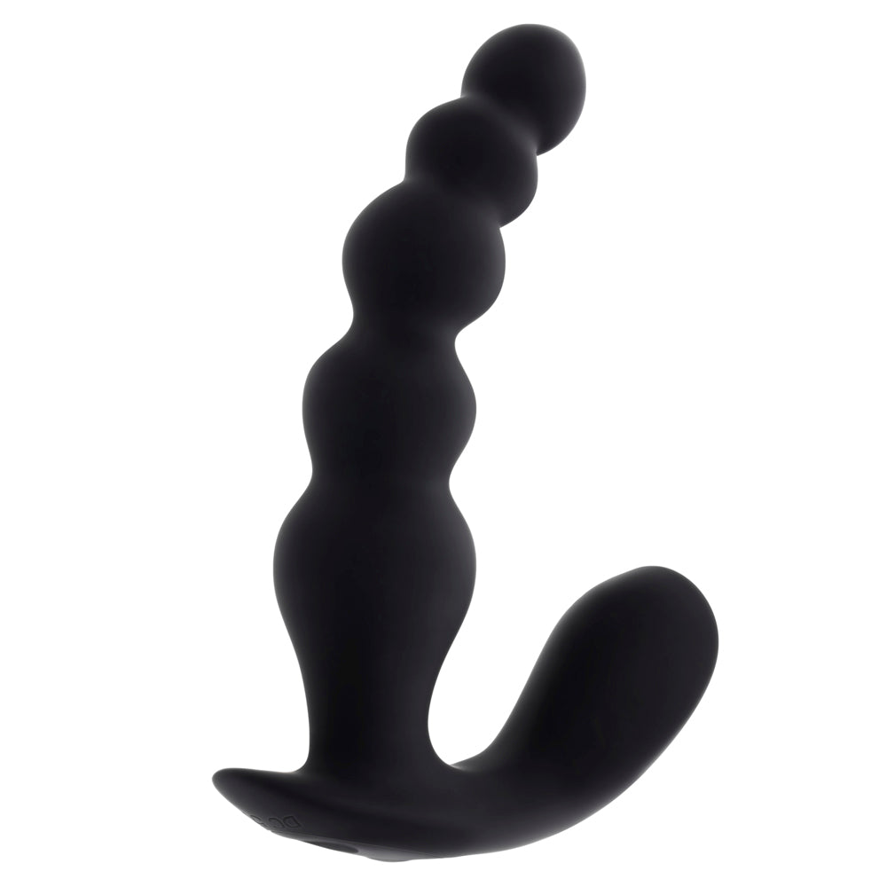 Black silicone vibrator with a beaded shaft and curved base.