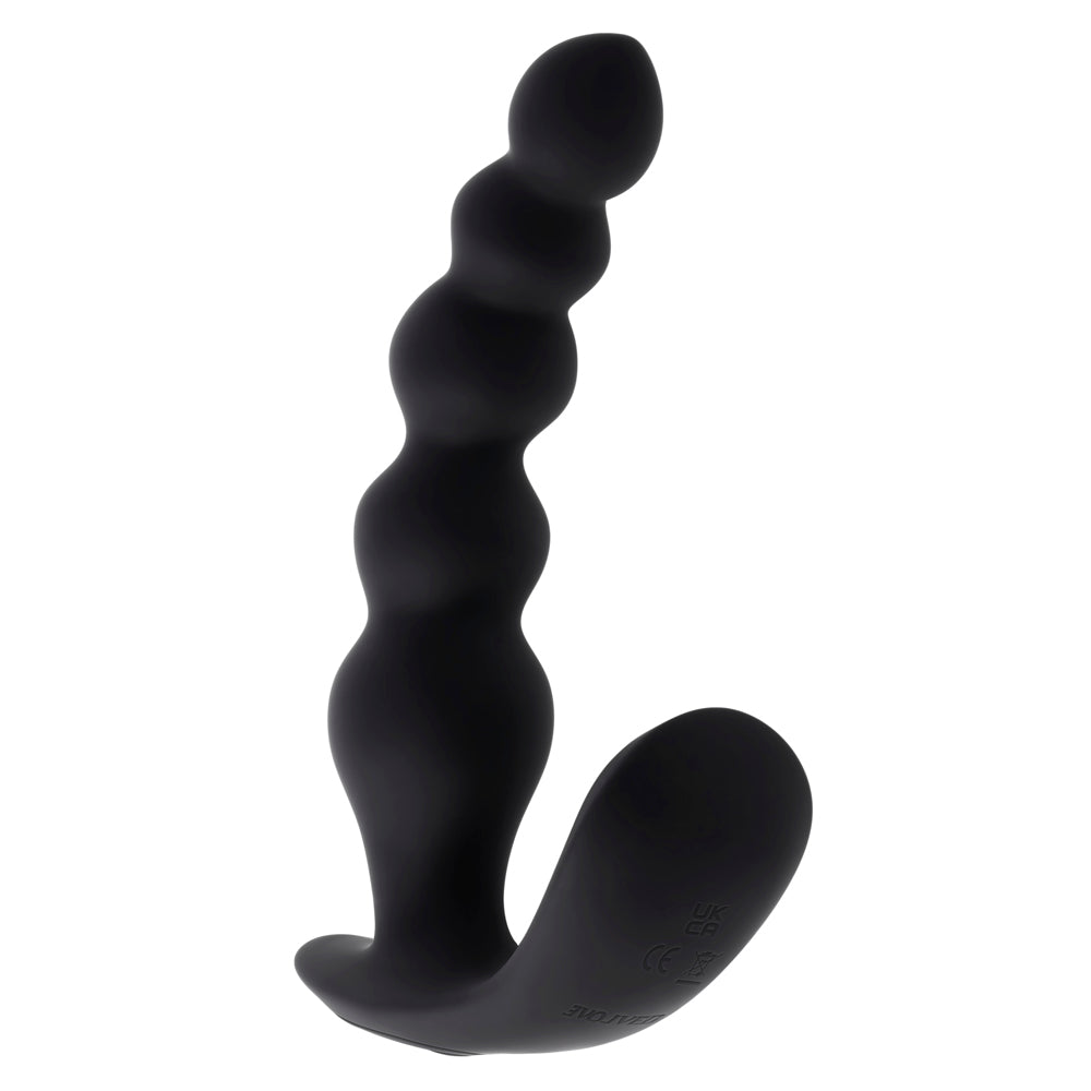 Black silicone vibrator with a beaded shaft and a curved base.