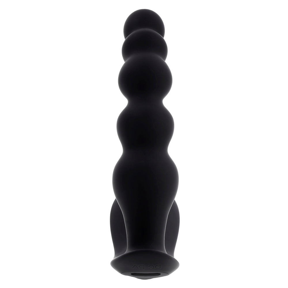 Black silicone vibrator with beaded shaft and bulbous base.