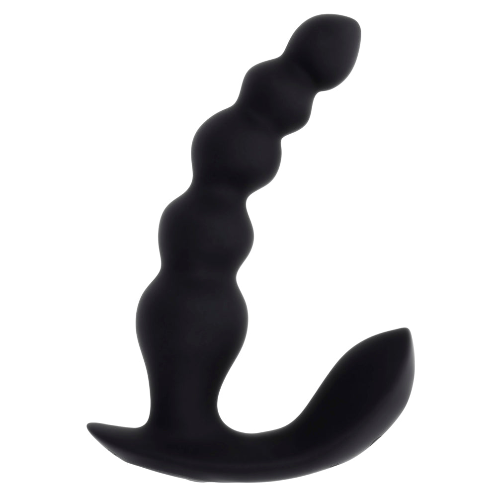 Black silicone vibrator with a beaded shaft and curved base.