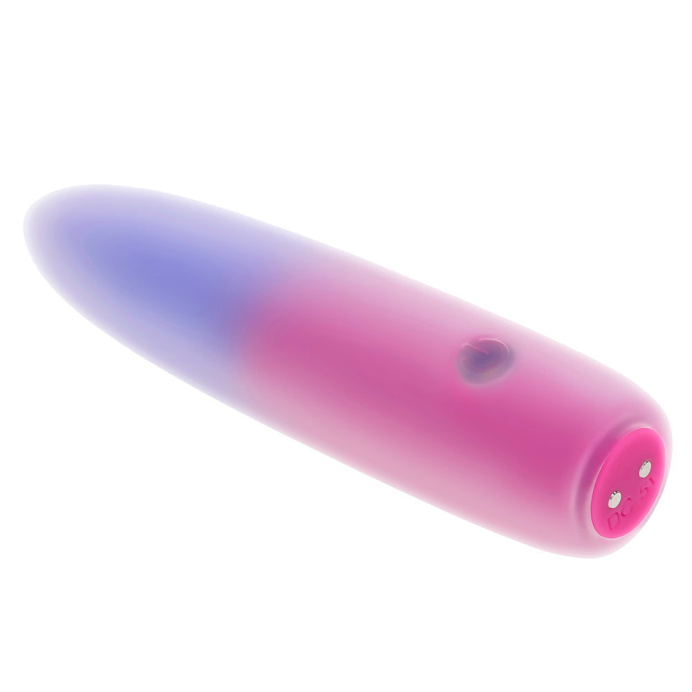 Rechargeable silicone bullet vibrator with a pink and purple gradient.