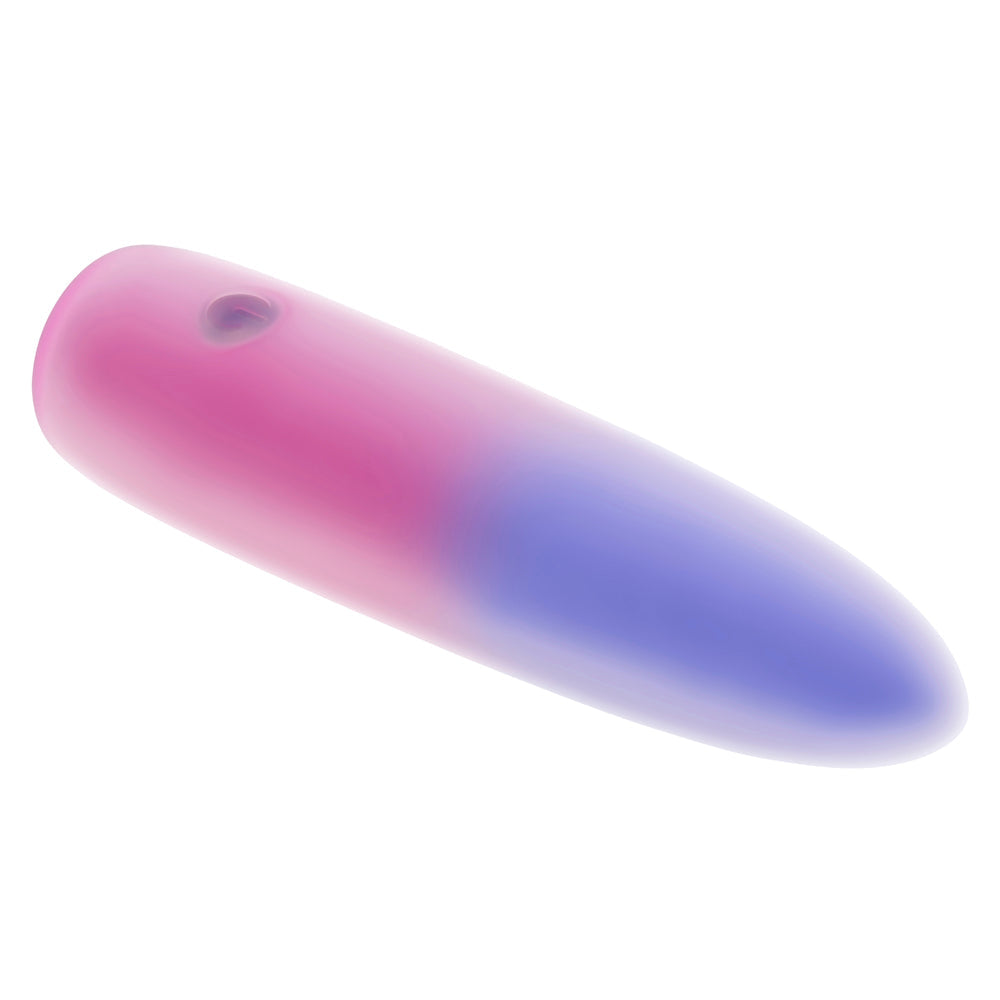 A pink and purple gradient silicone bullet vibrator with a small hole on the pink end.
