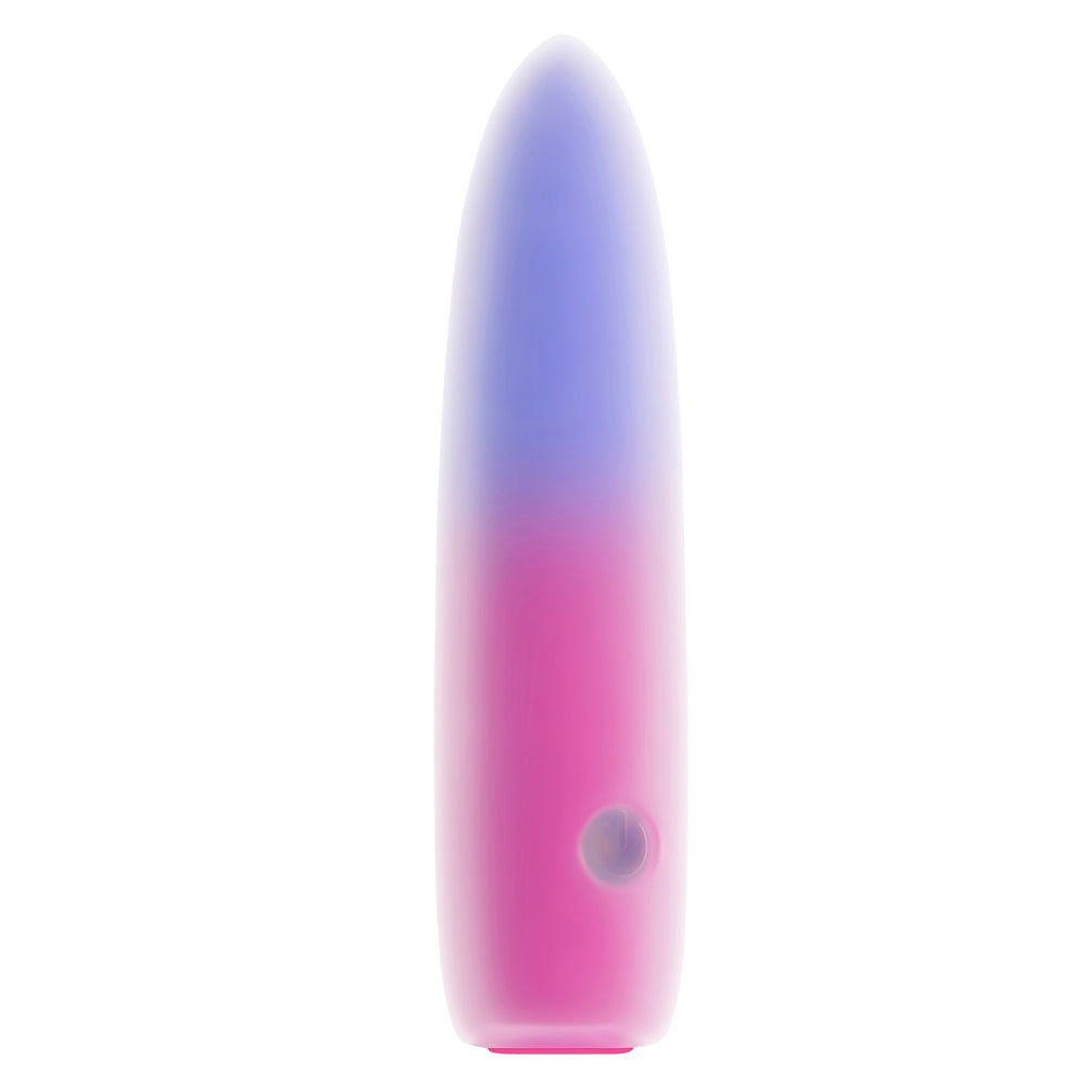 A bullet vibrator with a pink and purple gradient and a small button.