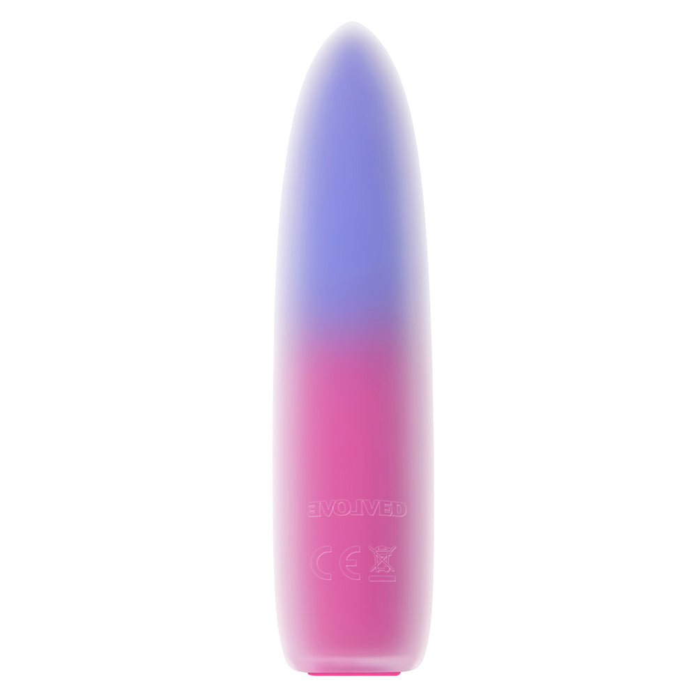 A pink and purple gradient bullet vibrator with "EVOLVED" and "CE" markings.