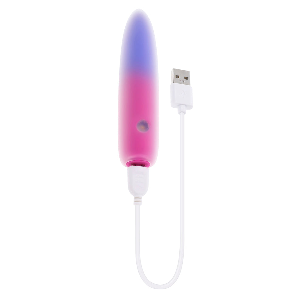 Rechargeable pink and purple bullet vibrator with USB charging cable.