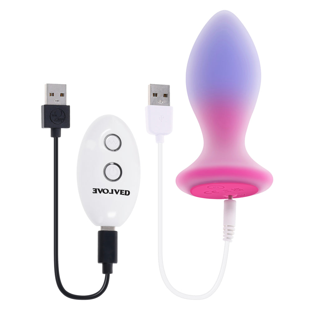 Remote controlled vibrating silicone anal plug with USB charging cables.