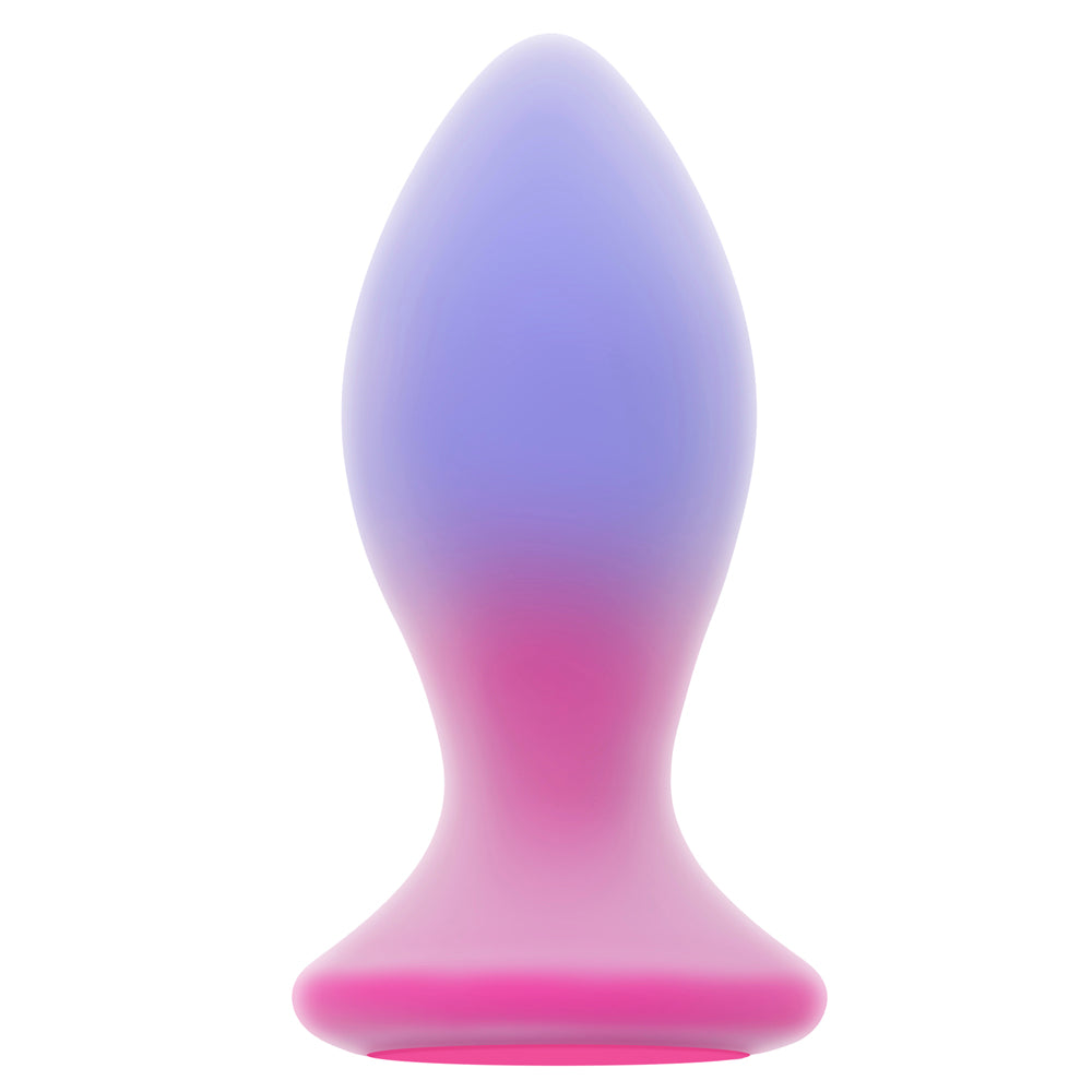 A silicone anal plug with a gradient of purple to pink.