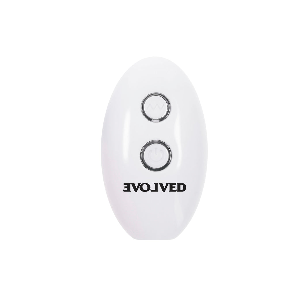 White remote-controlled vibrating silicone anal plug with two buttons and "EVOLVED" text.