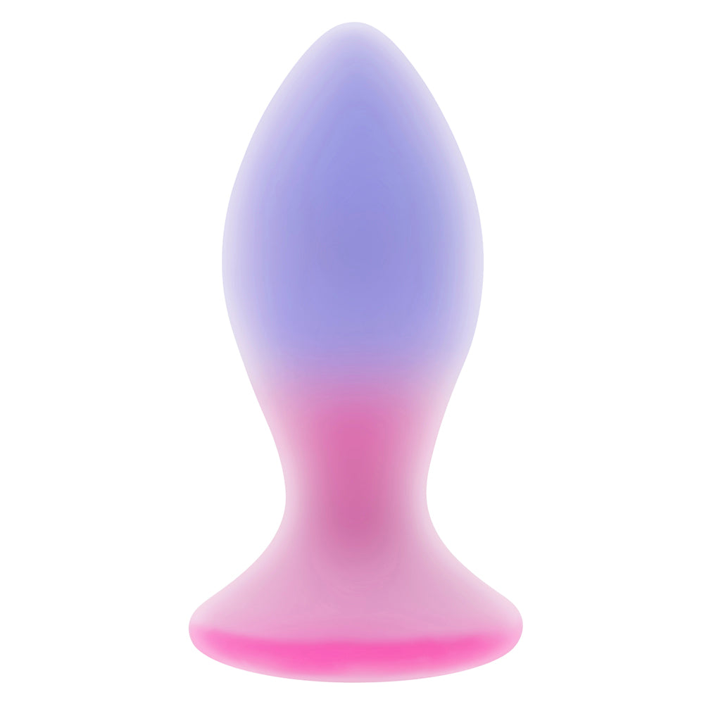 A pink and purple silicone anal plug with a flared base.
