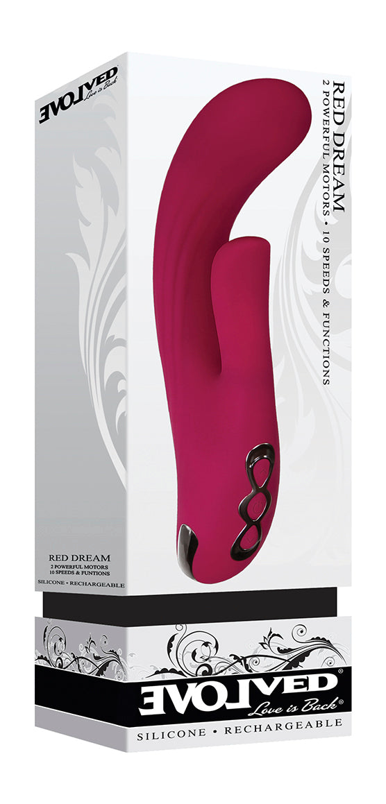 A pink dual motor silicone rabbit vibrator on its packaging.